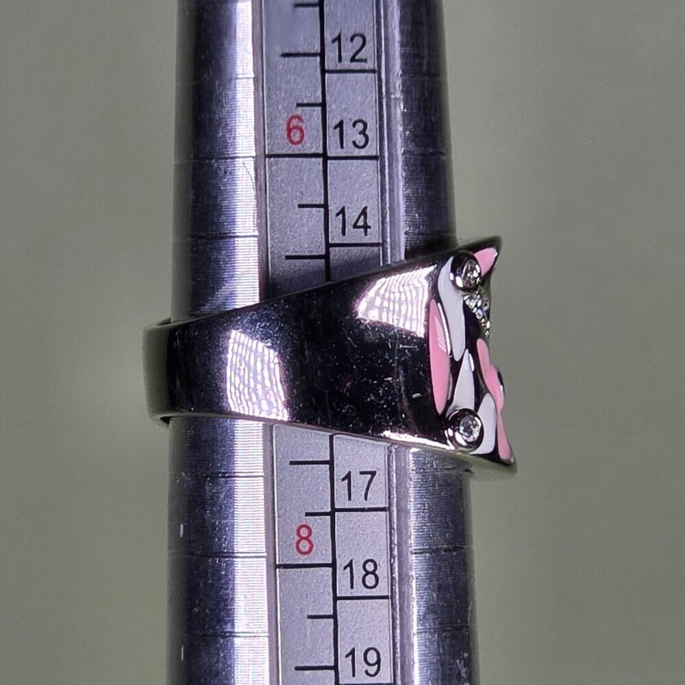 Silvery Pink & White‎ Enamel Floral Ring With Sparkling CZ Size 7 - Picture 4 of 6